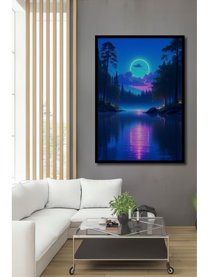 Çerçeve Görünümlü Neon Ay Işığı Ormanı Dekoratif Ahşap Ev/işyeri/ofis Kare Tablo