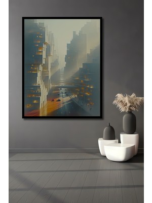Çerçeve Görünümlü Fütüristik Şehir Manzarası Yağlı Boya Görünümlü Dekoratif Ahşap Ofis Kare Tablo