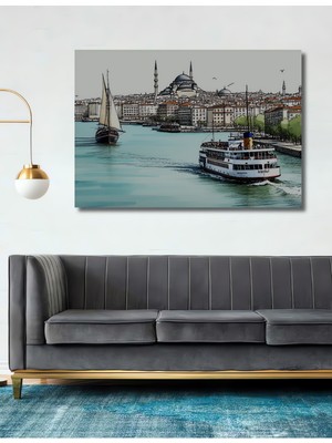 Istanbul Boğazı Vapur ve Cami Sulu Boya Görünümlü Dekoratif Ahşap Ev/işyeri/ofis Kare Tablo