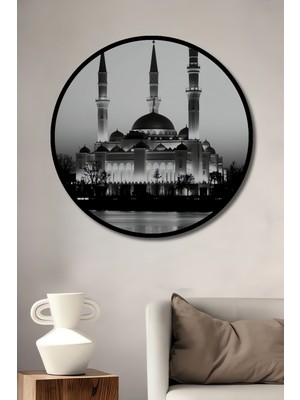 Çerçeve Görünümlü Siyah Beyaz Cami Silüeti Dekoratif Ahşap Ev/işyeri/ofis Yuvarlak Tablo