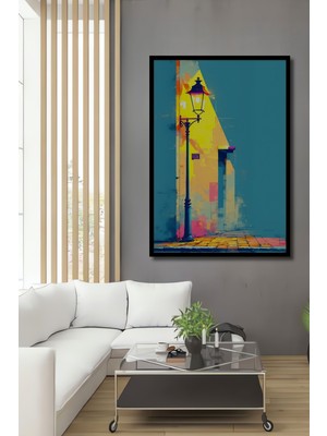 Çerçeve Görünümlü Sokak Lambası Modern Sanat Yağlı Boya Görünümlü Dekoratif Ahşap Ofis Kare Tablo