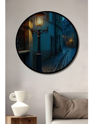 Çerçeve Görünümlü Antik Sokak Lambası Yağlı Boya Görünümlü Dekoratif Ahşap Ofis Yuvarlak Tablo