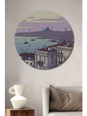 Istanbul Boğazı Pastel Boya Görünümlü Tarihi Dekoratif Ahşap Ev/işyeri/ofis Yuvarlak Tablo