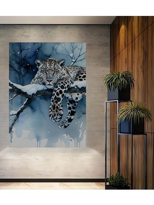 Kar Leoparı Suluboya Görünümlü Dekoratif Ahşap Ev/işyeri/ofis Kare Tablo