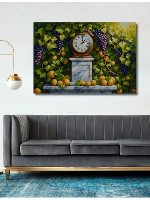 Üzümlü Limon Bahçesi Saat Yağlı Boya Görünümlü Dekoratif Ahşap Ev/işyeri/ofis Kare Tablo
