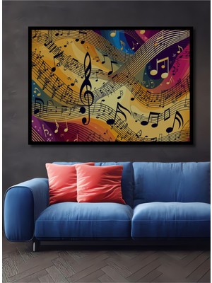 Çerçeve Görünümlü Müzik Notaları Senfonisi Yağlı Boya Görünümlü Dekoratif Ahşap Ofis Kare Tablo