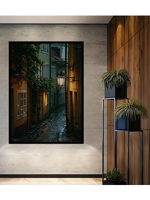 Çerçeve Görünümlü Yağmurlu Sokak Lambası Sulu Boya Görünümlü Dekoratif Ahşap Işyeri/ofis Kare Tablo