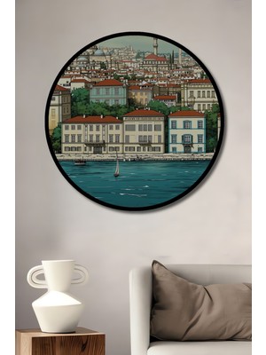 Çerçeve Görünümlü Istanbul Boğazı Nostaljik Çizim Dekoratif Ahşap Ev/işyeri/ofis Yuvarlak Tablo