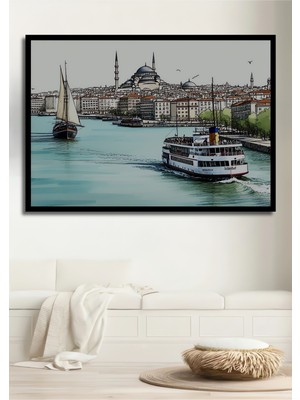 Çerçeve Görünümlü Istanbul Boğazı Vapur ve Cami Sulu Boya Görünümlü Dekoratif Ahşap Ofis Kare Tablo