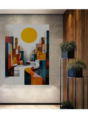 Güneşli Kent Modern Sanat Yağlı Boya Görünümlü Dekoratif Ahşap Ev/işyeri/ofis Kare Tablo