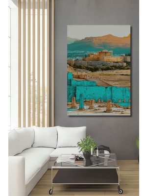 Akropolis Antik Kent Pastel Boya Görünümlü Dekoratif Ahşap Ev/işyeri/ofis Kare Tablo