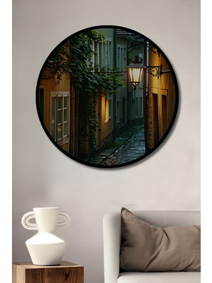 Çerçeve Görünümlü Yağmurlu Sokak Lambası Sulu Boya Görünümlü Dekoratif Ahşap Ofis Yuvarlak Tablo