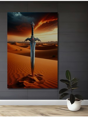 Çölün Kalbinde Epik Kılıç Yağlı Boya Görünümlü Dekoratif Ahşap Ev/işyeri/ofis Kare Tablo