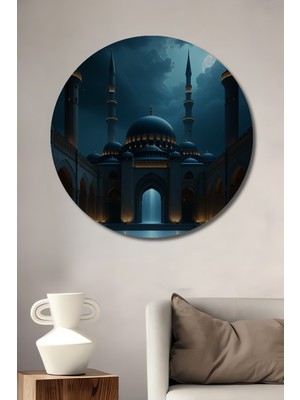 Gece Mavi Cami Minareleri Yağlı Boya Görünümlü Dekoratif Ahşap Ev/işyeri/ofis Yuvarlak Tablo
