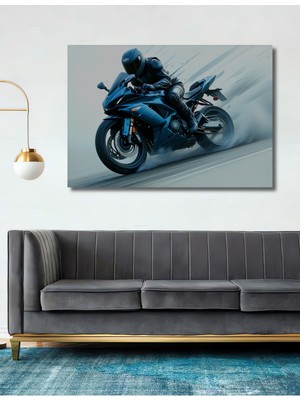 Mavi Motor Tutkusu Hız Tutkunu Görünümlü Dekoratif Ahşap Ev/işyeri/ofis Kare Tablo
