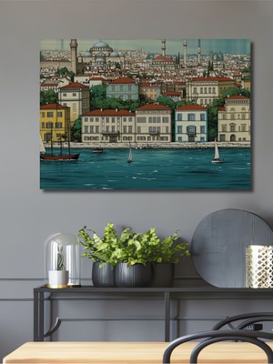 Istanbul Boğazı Nostaljik Çizim Dekoratif Ahşap Ev/işyeri/ofis Kare Tablo