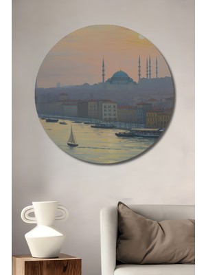 Istanbul Silüeti Yağlı Boya Görünümlü Dekoratif Ahşap Ev/işyeri/ofis Yuvarlak Tablo