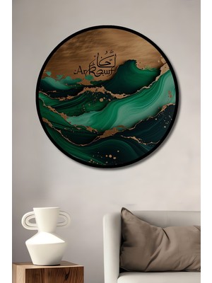 Çerçeve Görünümlü Altın Dokunuşlu Yeşil Mermer Desenli Modern Sanat Ahşap Ofis Yuvarlak Tablo