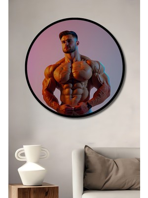 Çerçeve Görünümlü Kaslı Adam Yağlı Boya Görünümlü Modern Sanat Ofis Dekoratif Ahşap Yuvarlak Tablo
