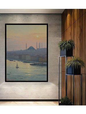 Çerçeve Görünümlü Istanbul Silüeti Yağlı Boya Görünümlü Dekoratif Ahşap Ev/işyeri/ofis Kare Tablo