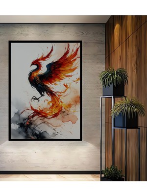 Çerçeve Görünümlü Ateşten Anka Kuşu Sulu Boya Görünümlü Dekoratif Ahşap Ev/işyeri/ofis Kare Tablo