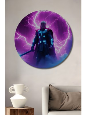 Thor Çekiçli Fırtına Tanrısı Yağlı Boya Görünümlü Dekoratif Ahşap Ev/işyeri/ofis Yuvarlak Tablo