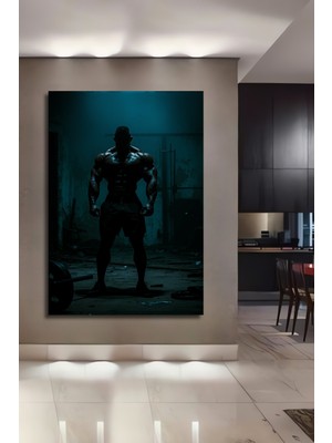 Karanlık Salonun Kaslı Silueti Yağlı Boya Görünümlü Ev/işyeri/ofis Dekoratif Ahşap Kare Tablo
