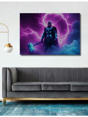Thor Çekiçli Fırtına Tanrısı Yağlı Boya Görünümlü Dekoratif Ahşap Ev/işyeri/ofis Kare Tablo