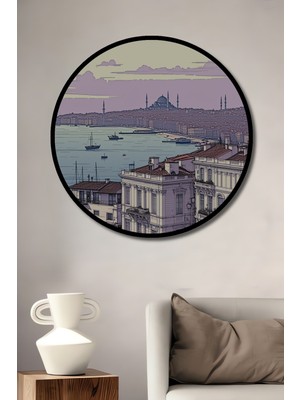 Çerçeve Görünümlü Istanbul Boğazı Pastel Boya Görünümlü Tarihi Dekoratif Ahşap Ofis Yuvarlak Tablo