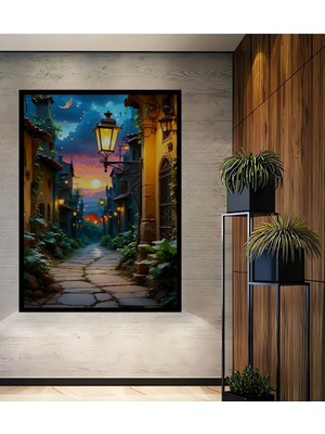 Çerçeve Görünümlü Romantik Sokak Lambası Yağlı Boya Görünümlü Dekoratif Ahşap Ofis Kare Tablo
