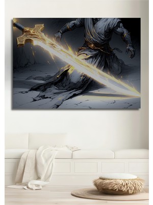 Altın Kılıç ve Savaşçı Kara Kalem Görünümlü Dekoratif Ahşap Ev/işyeri/ofis Kare Tablo