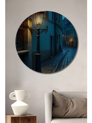 Antik Sokak Lambası Yağlı Boya Görünümlü Dekoratif Ahşap Ev/işyeri/ofis Yuvarlak Tablo