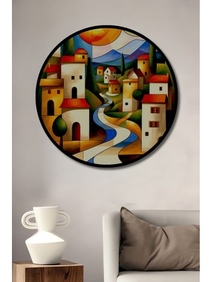 Çerçeve Görünümlü Güneşli Köy Yağlı Boya Görünümlü Dekoratif Ahşap Ev/işyeri/ofis Yuvarlak Tablo