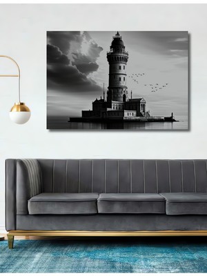 Siyah Beyaz Deniz Feneri Manzaralı Dekoratif Ahşap Ev/işyeri/ofis Kare Tablo