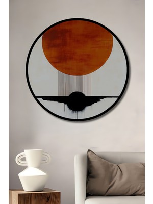 Çerçeve Görünümlü Minimalist Güneş ve Ay Yağlı Boya Görünümlü Dekoratif Ahşap Ofis Yuvarlak Tablo