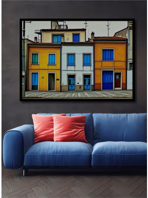 Çerçeve Görünümlü Renkli Evler Yağlı Boya Görünümlü Dekoratif Ahşap Ev/işyeri/ofis Kare Tablo