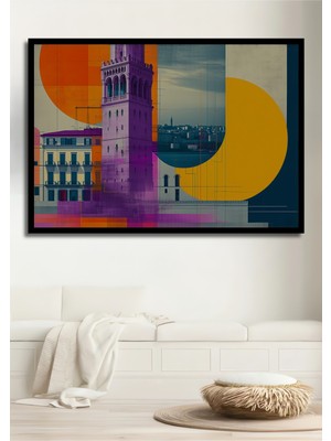 Çerçeve Görünümlü Mor Kule Modern Şehir Manzarası Yağlı Boya Görünümlü Ahşap Ofis Kare Tablo