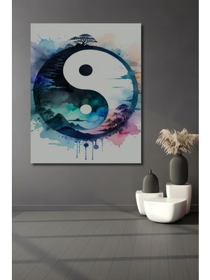 Yin Yang Denge Ağaçlar Sulu Boya Görünümlü Dekoratif Ahşap Ev/işyeri/ofis Kare Tablo