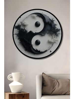 Çerçeve Görünümlü Yin Yang Ağaçları Siyah Beyaz Soyut Sanat Dekoratif Ahşap Ofis Yuvarlak Tablo
