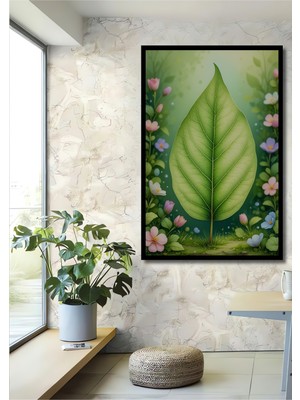 Çerçeve Görünümlü Büyük Yeşil Yaprak Çiçek Bahçesi Sulu Boya Görünümlü Ahşap Ofis Kare Tablo