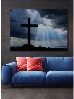Huzurlu Gökyüzü Haç Silüeti Yağlı Boya Görünümlü Dekoratif Ahşap Ev/işyeri/ofis Kare Tablo