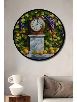Çerçeve Görünümlü Üzümlü Limon Bahçesi Saat Yağlı Boya Görünümlü Ahşap Ofis Yuvarlak Tablo
