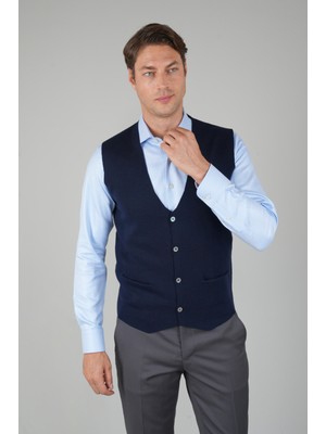 Bisse Lacivert Düz Triko Yün Erkek Yelek TRYL24K24203_D39
