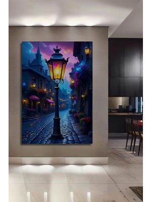 Romantik Sokak Lambası Yağlı Boya Görünümlü Dekoratif Ahşap Ev/işyeri/ofis Kare Tablo