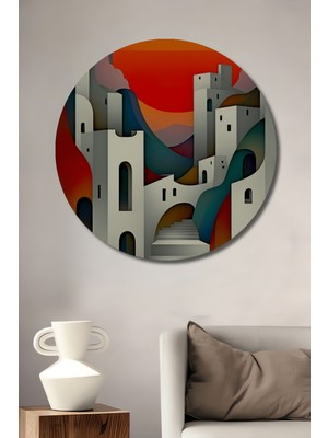 Minimalist Santorini Yağlı Boya Görünümlü Dekoratif Ahşap Ev/işyeri/ofis Yuvarlak Tablo