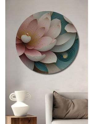 Pembe Lotus Çiçeği Yağlı Boya Görünümlü Dekoratif Ahşap Ev/işyeri/ofis Yuvarlak Tablo