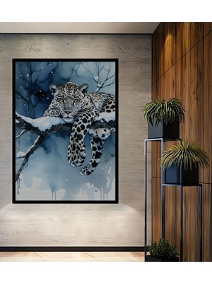 Çerçeve Görünümlü Kar Leoparı Suluboya Görünümlü Dekoratif Ahşap Ev/işyeri/ofis Kare Tablo