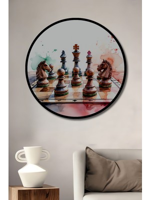 Çerçeve Görünümlü Sulu Boya Görünümlü Satranç Tahtası ve Piyonlar Ahşap Ofis Yuvarlak Tablo