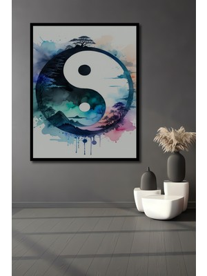 Çerçeve Görünümlü Yin Yang Denge Ağaçlar Sulu Boya Görünümlü Dekoratif Ahşap Işyeri/ofis Kare Tablo