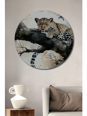 Ağaç Dalında Dinlenen Leopar Sulu Boya Görünümlü Dekoratif Ahşap Ev/işyeri/ofis Yuvarlak Tablo